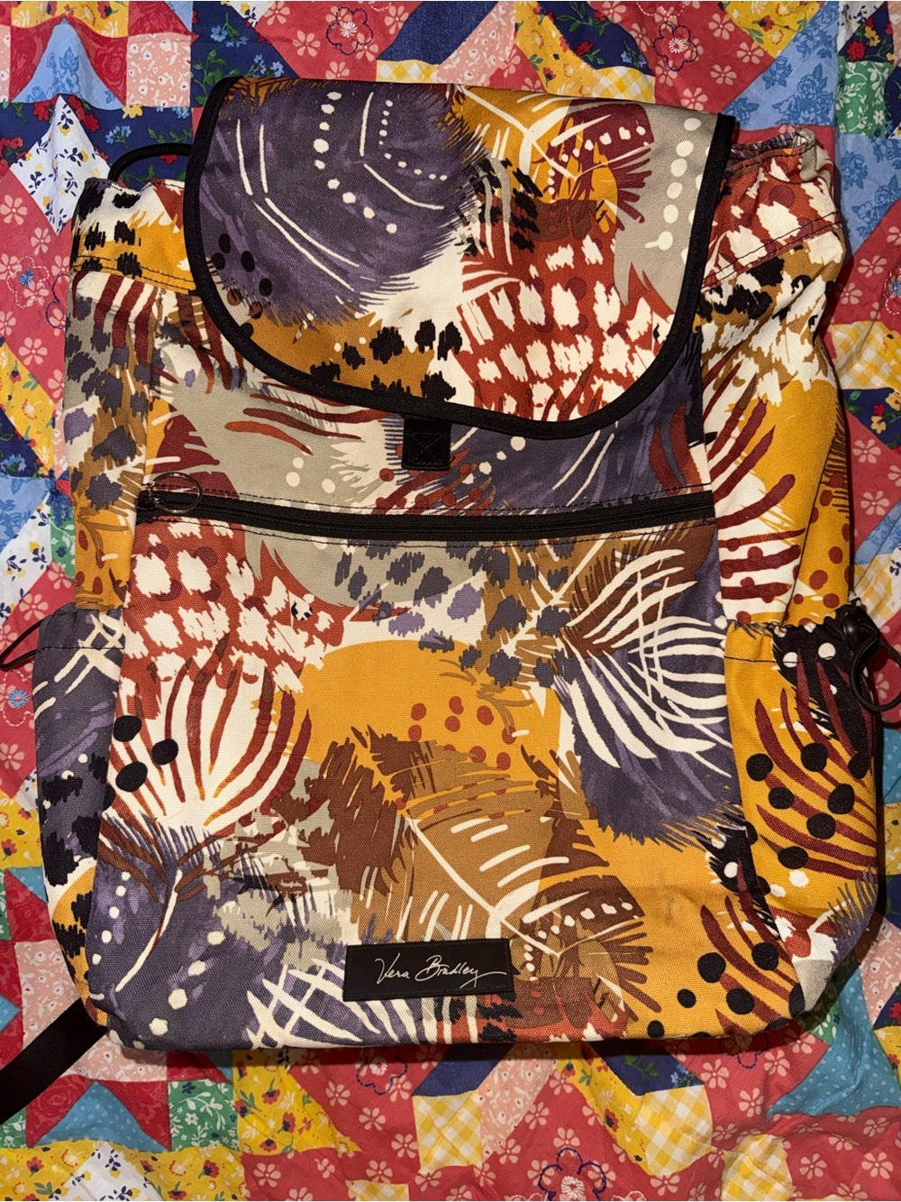 Vera Bradley Mustard Purple Rust Multi-Leaf Print Backpack